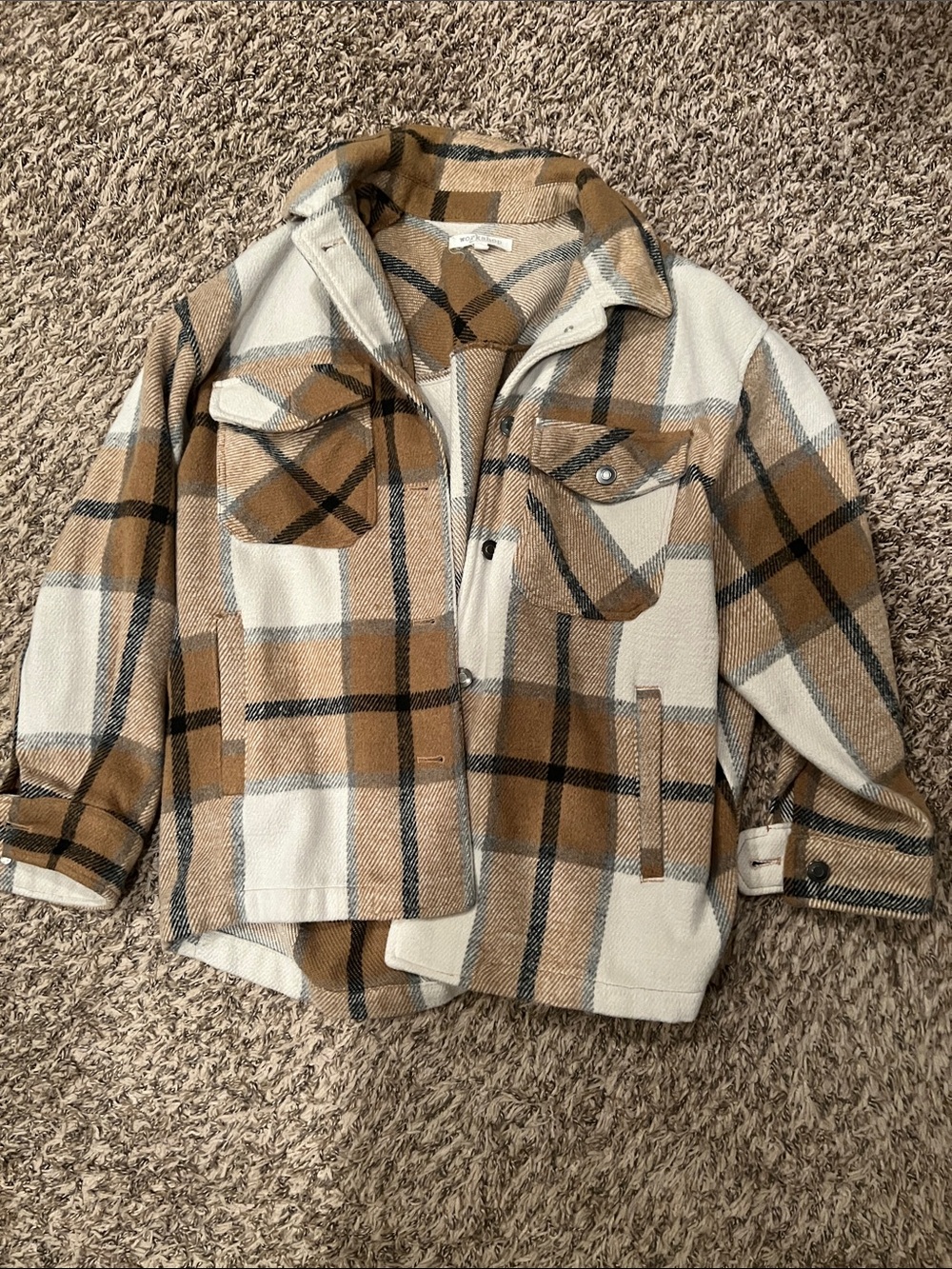 Workshop Republic Clothing Cream and Brown Plaid Button-Down Shirt Jacket